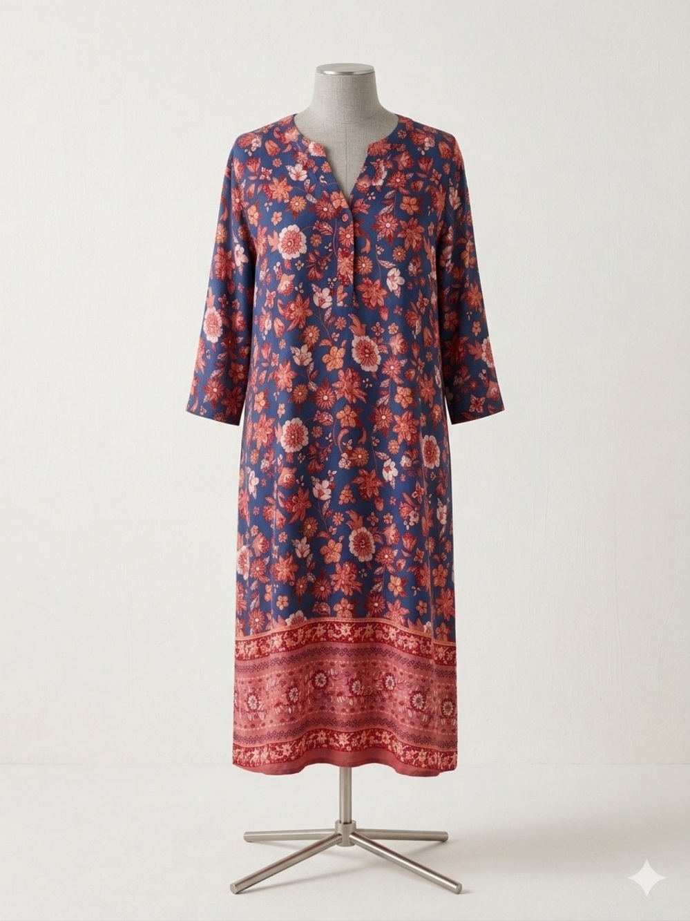 Blue Floral Midi Dress with Coral Accents
